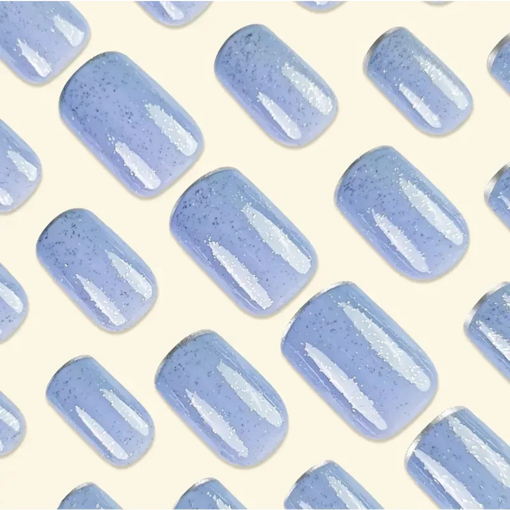 Reusable Press On Nails – Short Square Glitter - Blue and Silver - Picture 2 of 7